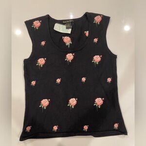 NWT Erin Matthews Black Embroidered Pink Floral Sweater Vest Vintage Size S